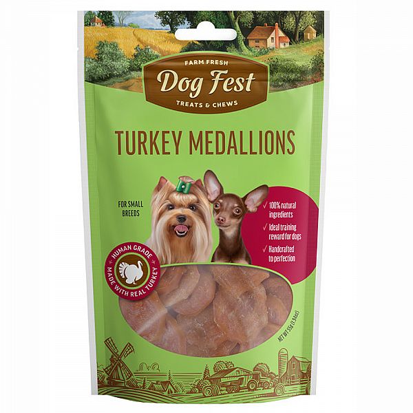 Dogfest Turkey Medallions Treats For Small Breeds, 55g.