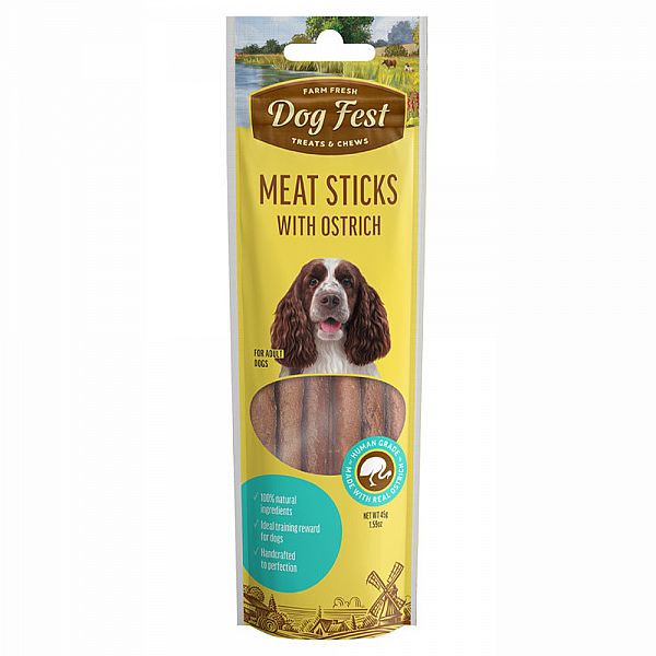 Palitos de carne Dogfest con golosinas de avestruz para todos los perros, 45 g.