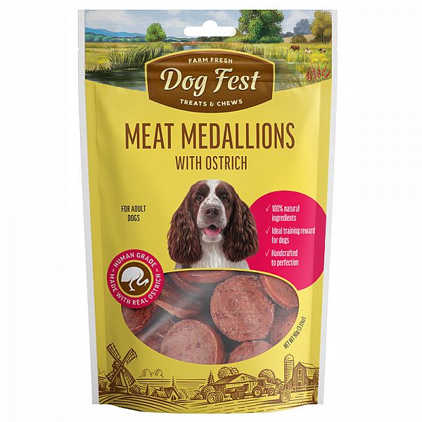 Dogfest Medallions Treats With Ostrich For All Dogs, 90g