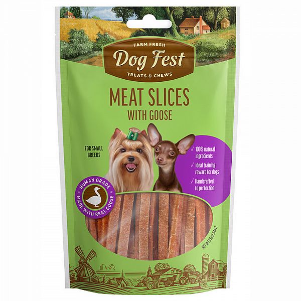 Rebanadas Dogfest con golosinas de ganso para razas pequeñas, 55 g.