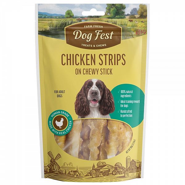 Dogfest Tiras de pollo en palito masticable para perros de razas medianas y grandes, 90 g.