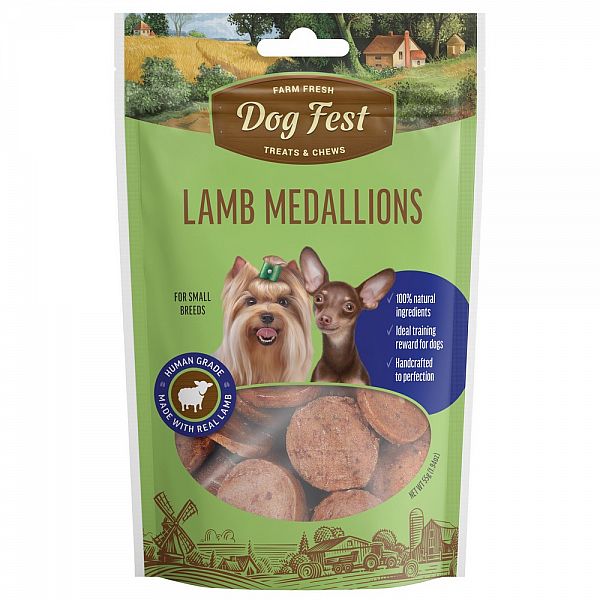 Medallones de cordero Dogfest para razas pequeñas, 55 g.