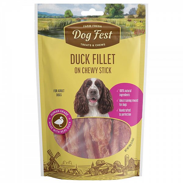 Dogfest Filete de pato en palito masticable para perros de razas medianas y grandes, 90 g.