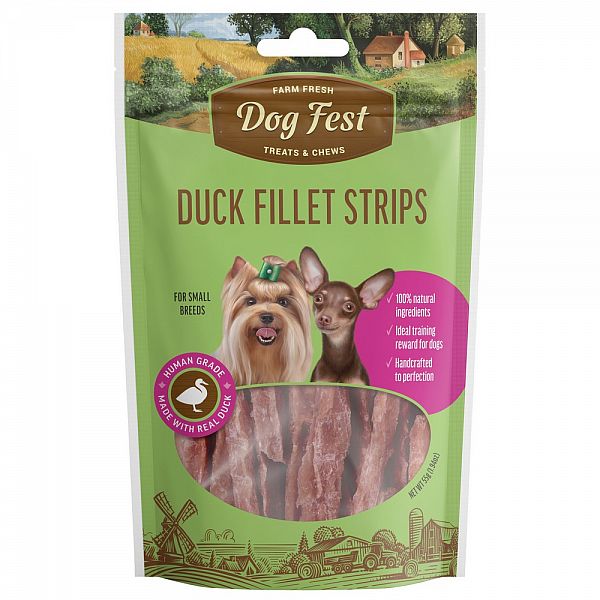 Lanières de filet de canard Dogfest pour petites races, 55 g.
