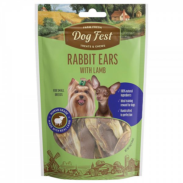 Oreilles de lapin Dogfest avec friandises à l'agneau pour petites races, 55 g.