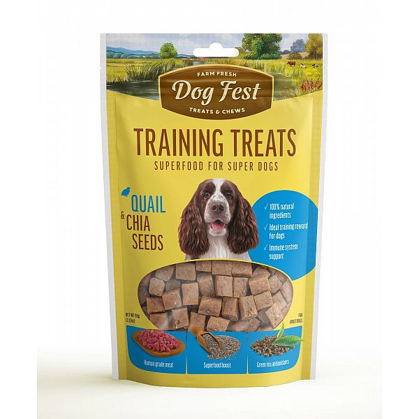 Golosinas de entrenamiento Dogfest Golosinas de codorniz y semillas de chía para todos los perros, 90 g.