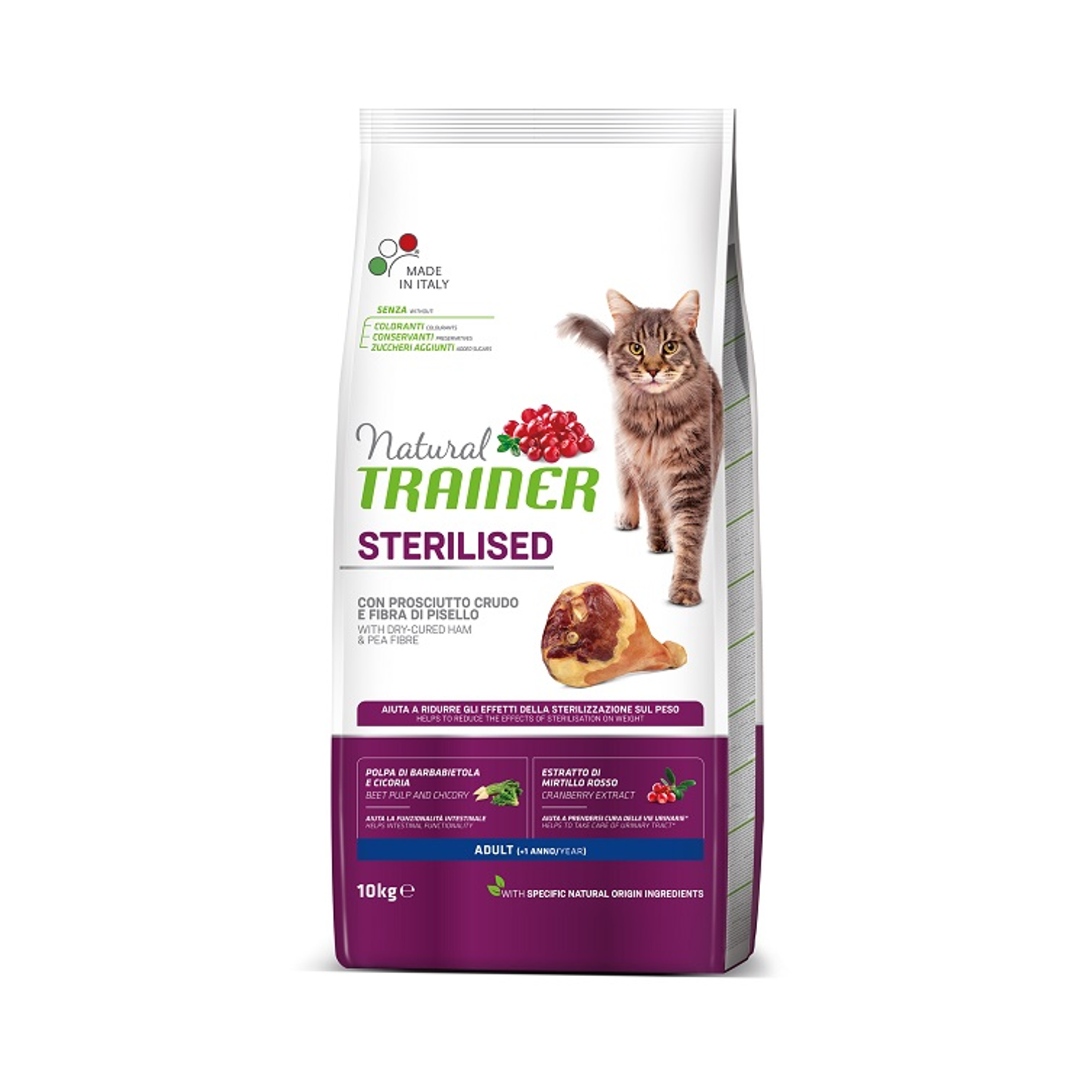 Natural Trainer Sterilisiertes Trockenfutter für Katzen mit Trockenschinken, 10 kg