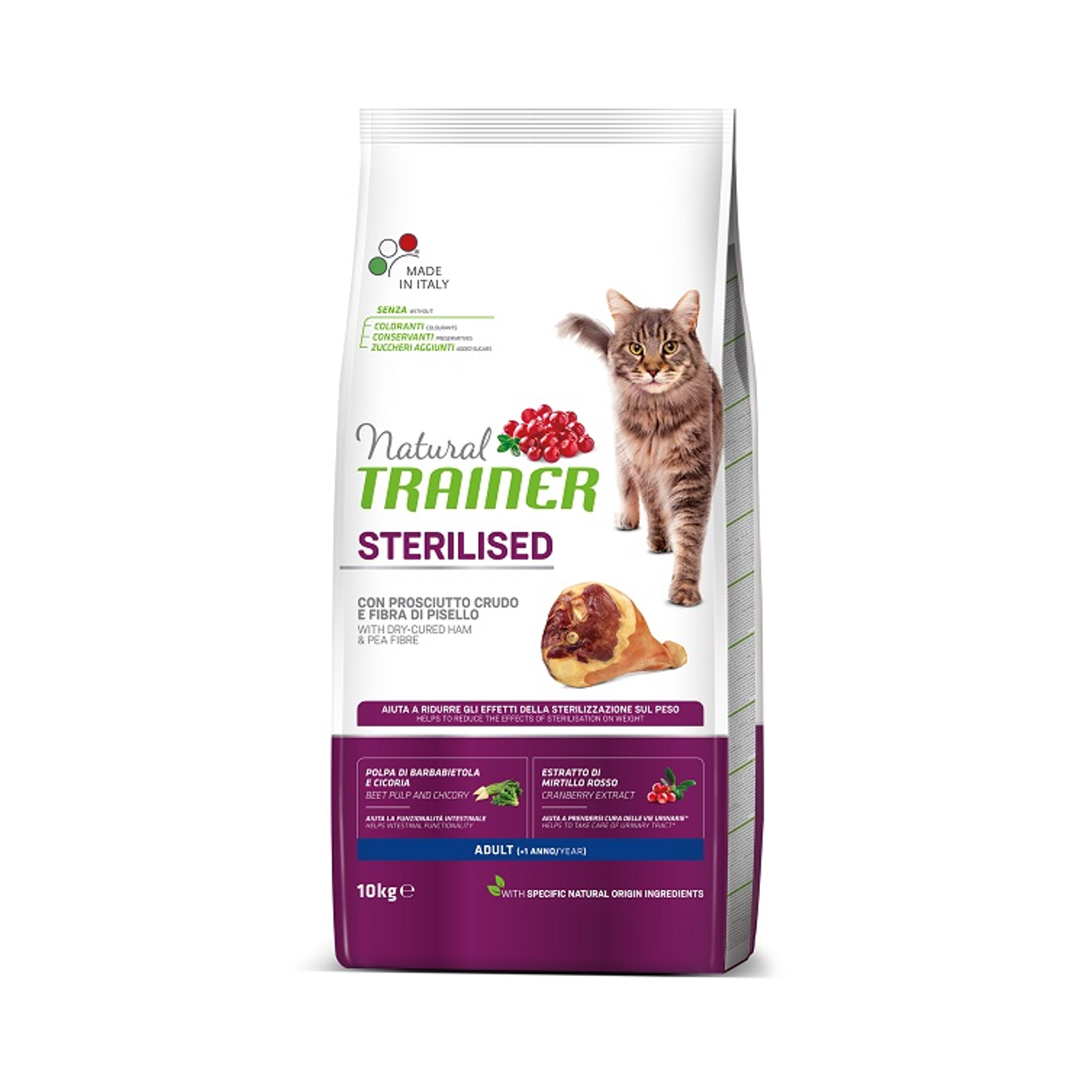 Natural Trainer Sterilised Dry Cat Food With Dry-Cured Ham 10kg