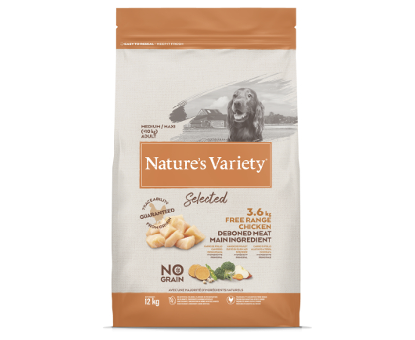 Nature's Variety Selected Perro adulto mediano y grande, Pollo de corral, Alimento seco para perros, Sin cereales, 12 kg