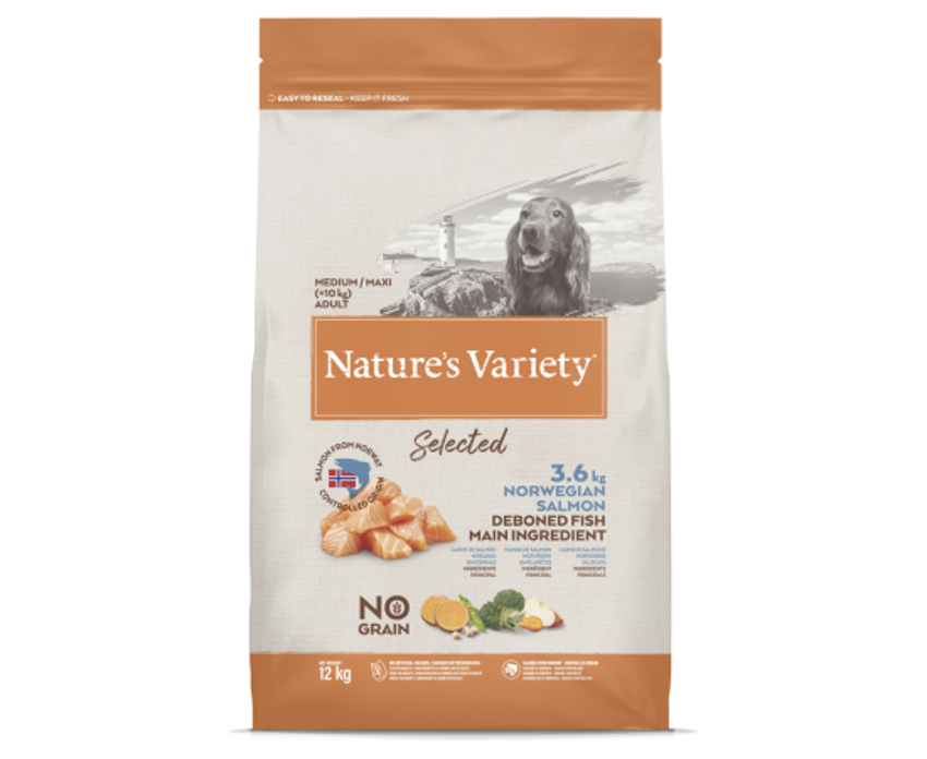 Nature's Variety Selected Grain Free Alimento seco para perros adultos medianos con salmón noruego 12 kg