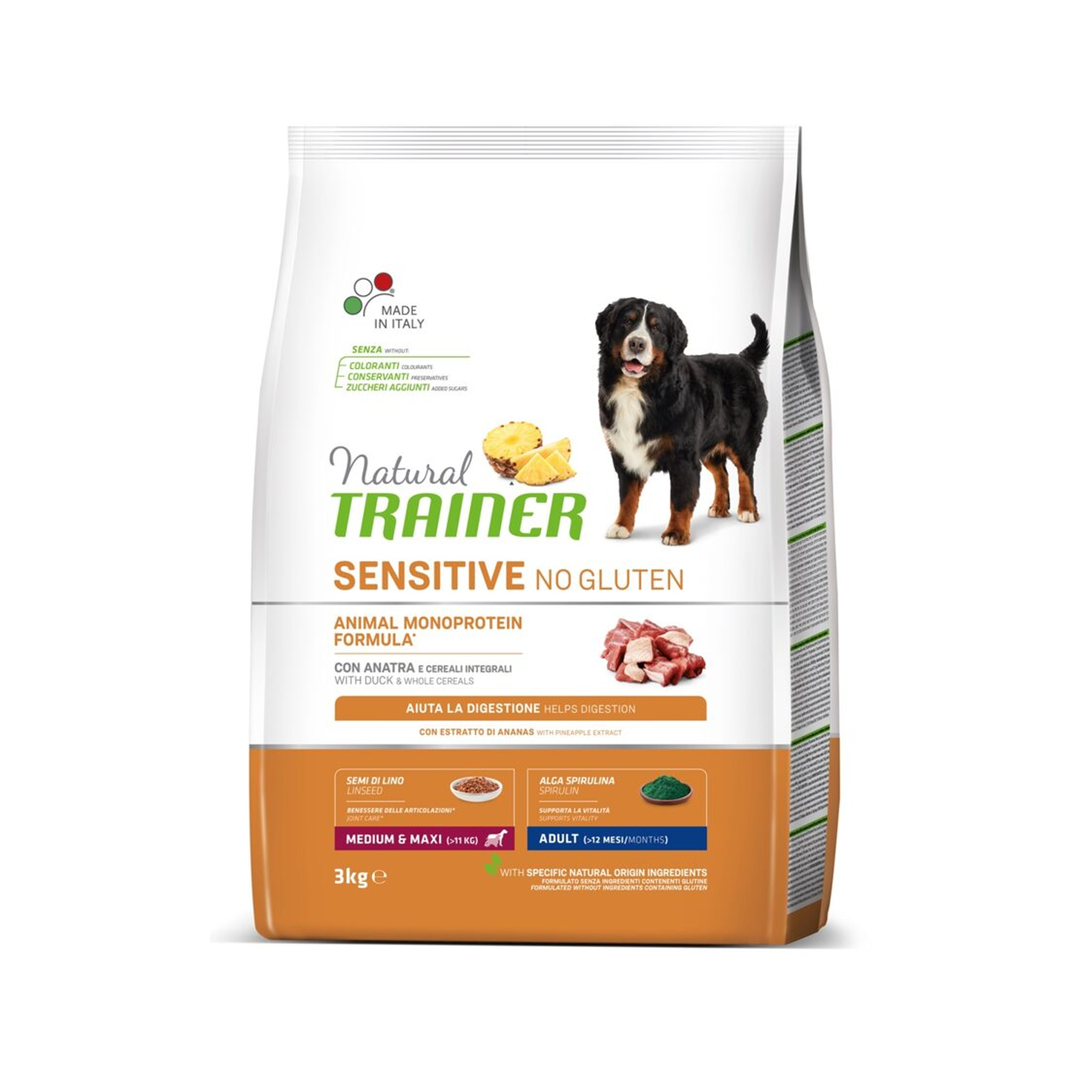 Natural Trainer Sensitive Trockenfutter für Hunde mittlerer und großer ausgewachsener Rassen – Ente, getreidefrei, glutenfrei, 3 kg