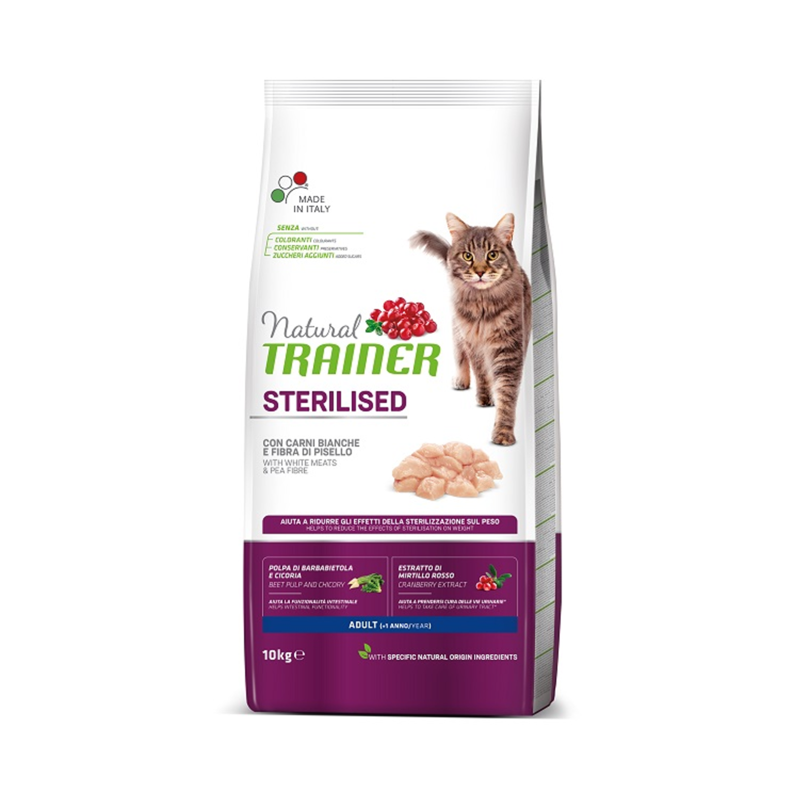 Natural Trainer, sterilisiert mit weißem Fleisch, Trockenfutter für Katzen, 10 kg