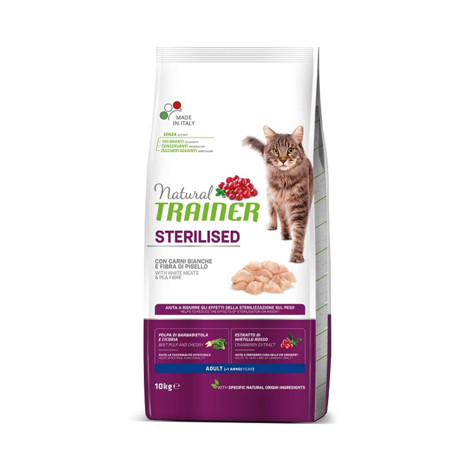 Natural Trainer Sterilised with White Meat, Dry Cat Food, 10kg