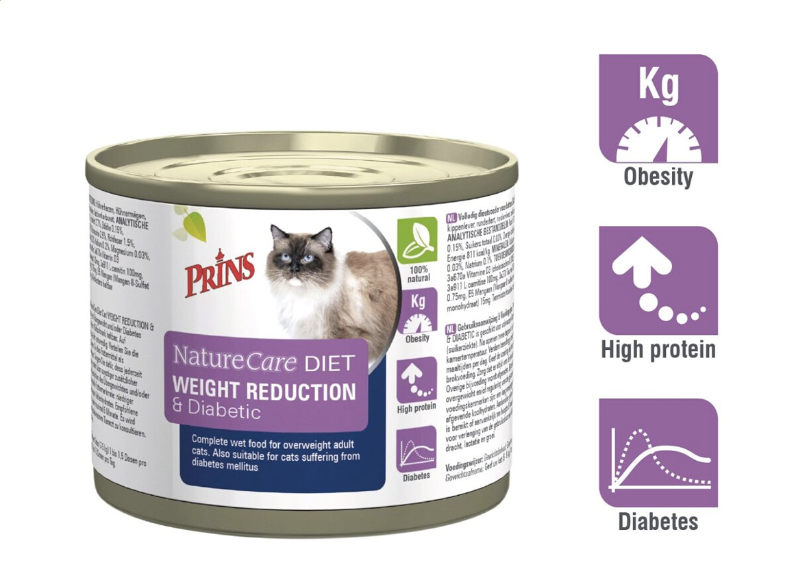 Prins NatureCare Diet Cat WEIGHT REDUCTION& Diabetic Mitrā barība kaķiem ar vistu svara kontrolei, 200g