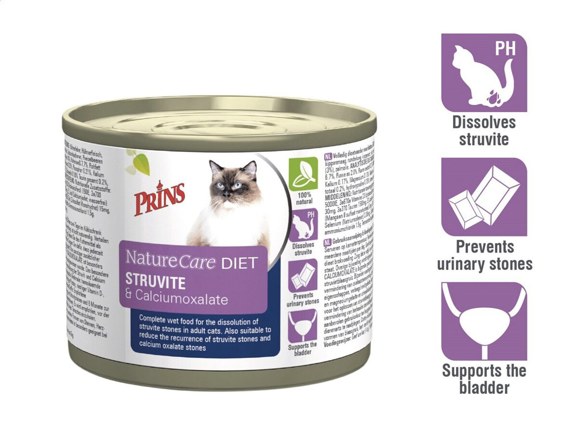 Prins NatureCare Diet Cat STRUVITE & Calciumoxalate Mitrā barība kaķiem ar vistu urīnceļu atbalstam, 200g