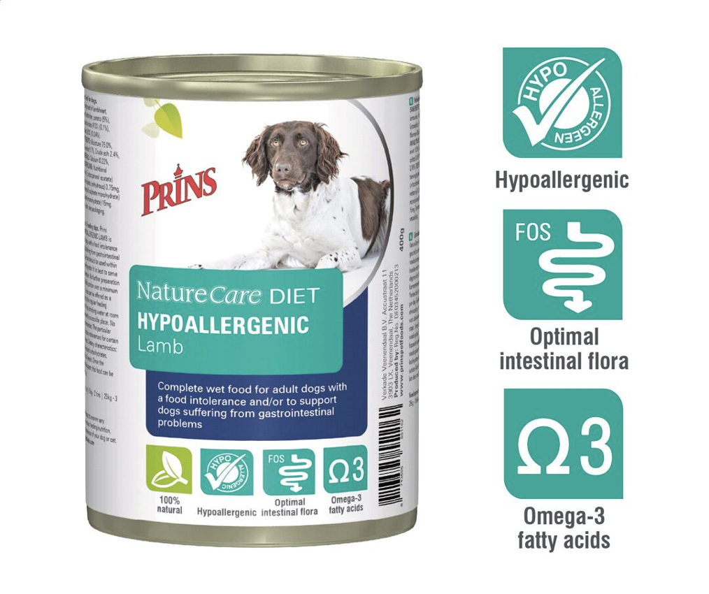 Prins NatureCare Diet Dog HYPOALLERGENIC Lamb, Mitrā barība suņiem ar jēru alerģijas nepanesības gadījumā, 400g