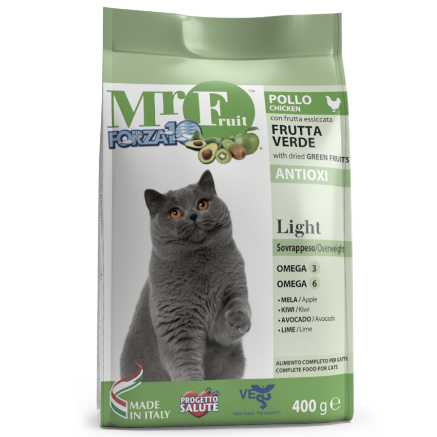 Forza10 Mr. Fruit Light Pieaugušiem kaķiem sausā barība ar vistu un zaļajiem augļiem, 0.4kg