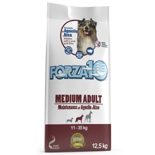 Forza10 Medium Adult Maintenance Sausā barība pieaugušiem suņiem  ar jēru un rīsiem, 12,5kg