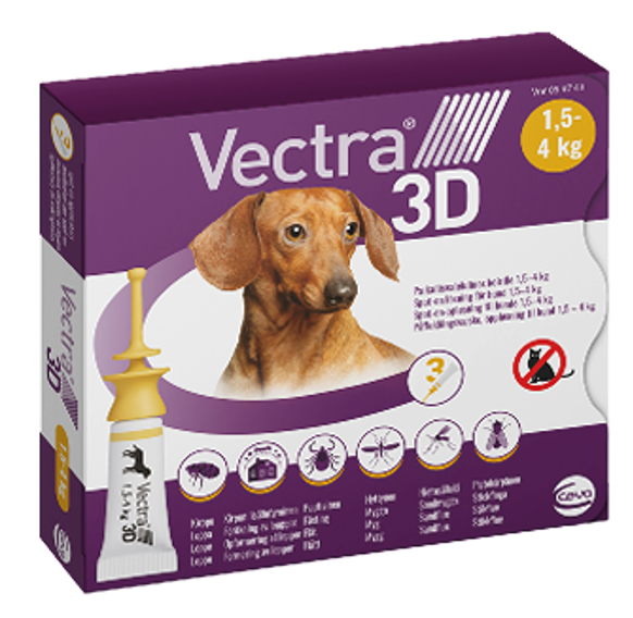 VECTRA 3D šķīdums pilināšanai uz ādas suņiem ārējo parazītu invāzijas ārstēšanai un kontrolei. 3 aplikatori